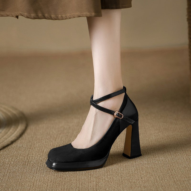 Siyujing Black Mary Jane Cross Strap High Heels