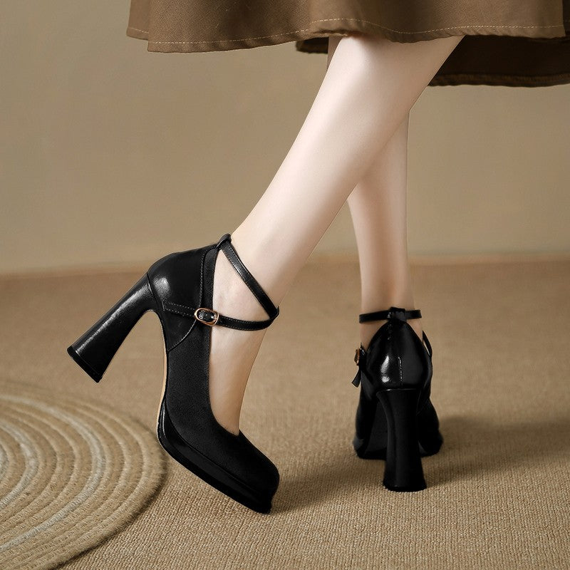 Siyujing Black Mary Jane Cross Strap High Heels