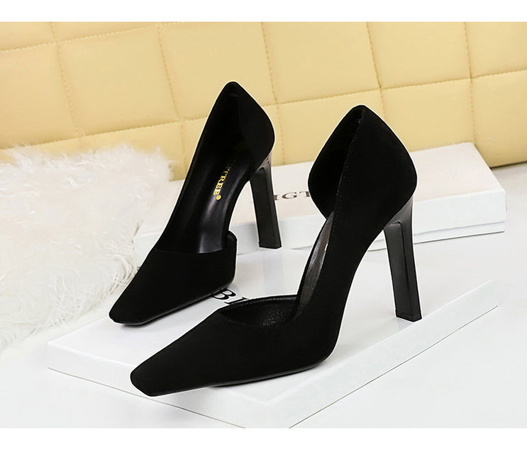 Fashion Simple Thick Heel Super High Heels Women's Business OL Work Shoes Flats Square Toe Suede Side Cut Out Oversized Shoes