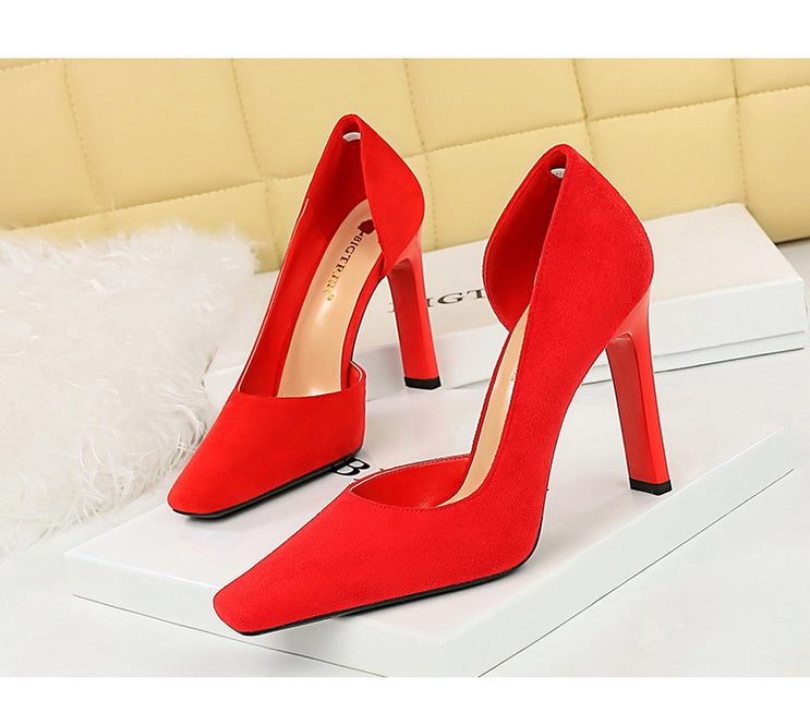 Fashion Simple Thick Heel Super High Heels Women's Business OL Work Shoes Flats Square Toe Suede Side Cut Out Oversized Shoes