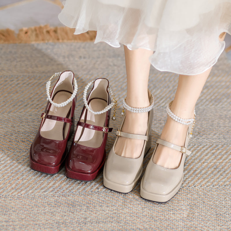 Waterproof Platform Small Red Wedding Shoes Square Toe Strap