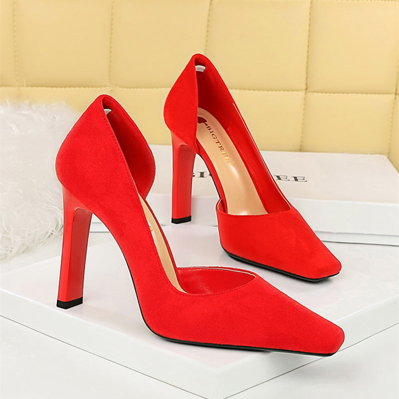 Fashion Simple Thick Heel Super High Heels Women's Business OL Work Shoes Flats Square Toe Suede Side Cut Out Oversized Shoes