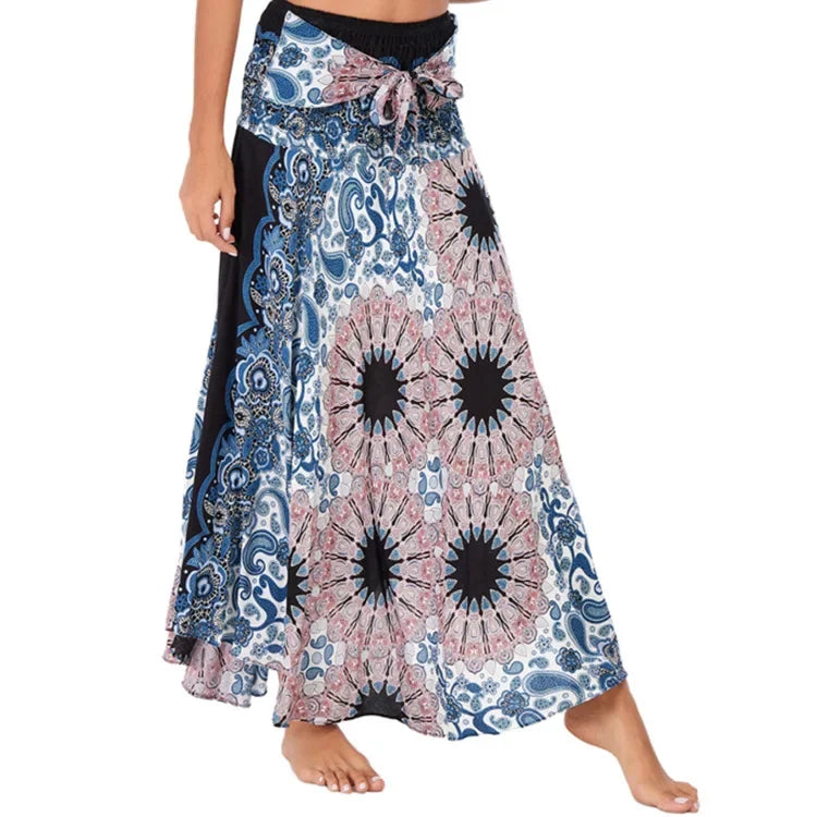 Boho Floral Maxi Skirt – Ethnic Style Elastic Waist Long Skirt for Women