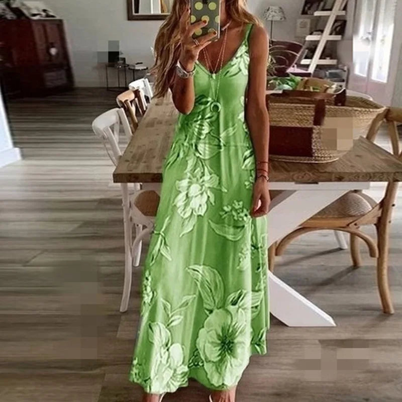 Plus Size 2023 Spring Summer Dress Purple Floral Print V-Neck Long Dresses Casual Bohemian Sleeveless Women Beach Party Dress