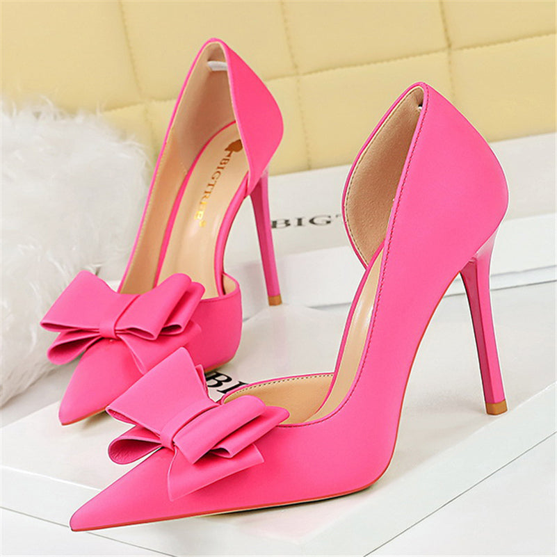 Women 10.5cm High Heels Silk Butterfly Knot Purple Green Pumps Lady Wedding Bridal Escarpin Blue Peach Evening Party Sweet Shoes