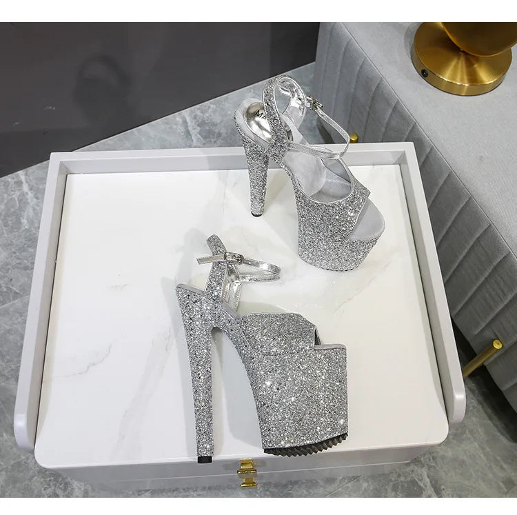 women's sandals summer Party Peep Toe Platform Buckle Strap Sequined Cloth 20CM Thin high heels Bling Pumps Women Shoes black