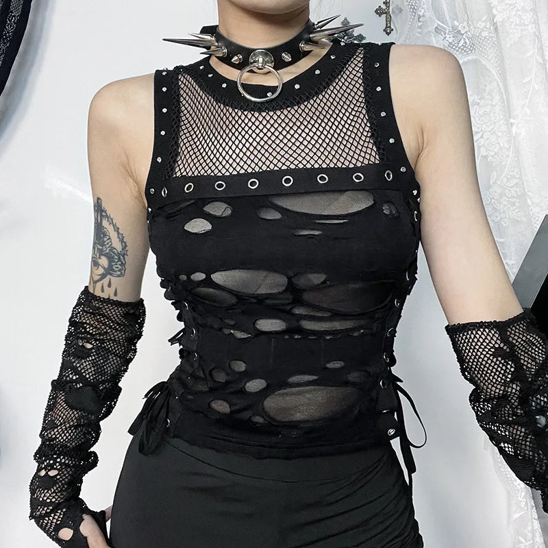 Gothic Crop Tops Punk Tanks Trendy Camisole T-Shirt Women Sexy Fishnet Backless Steampunk Vest Clubwear for Rave Party