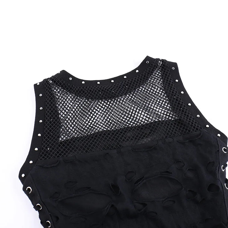 Gothic Crop Tops Punk Tanks Trendy Camisole T-Shirt Women Sexy Fishnet Backless Steampunk Vest Clubwear for Rave Party