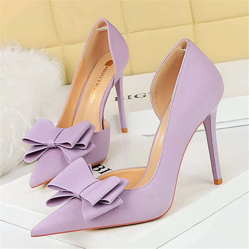 Women 10.5cm High Heels Silk Butterfly Knot Purple Green Pumps Lady Wedding Bridal Escarpin Blue Peach Evening Party Sweet Shoes