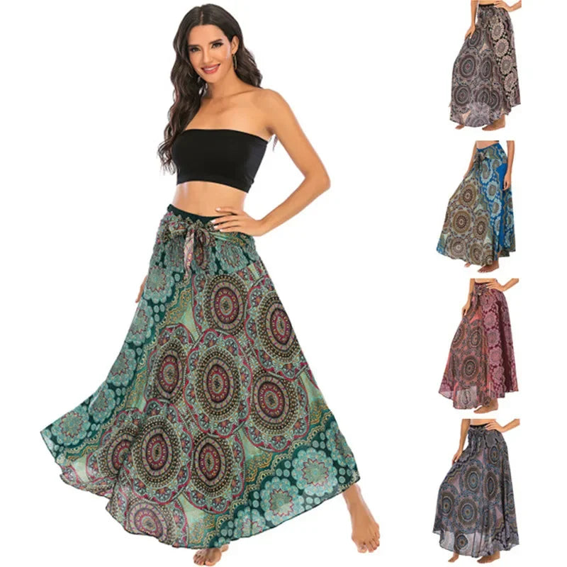 Boho Floral Maxi Skirt – Ethnic Style Elastic Waist Long Skirt for Women