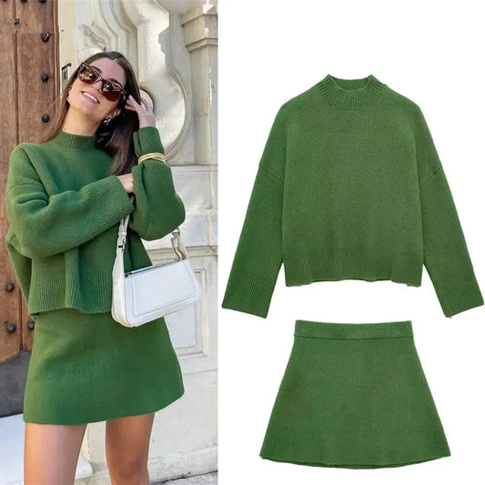 Ladies' Autumn Winter Skirt Suit – Elegant Long Sleeve Sweater & A-Line Mini Skirt Set