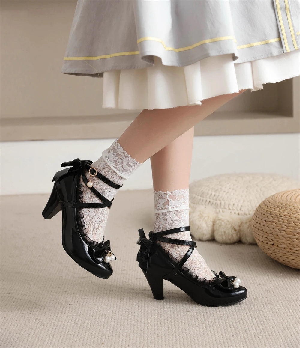 Spring Women High Heels Cross Strap Mary Jane Pumps Party Wedding Cosplay White Red Black String Bead Bow Princess Lolita Shoes