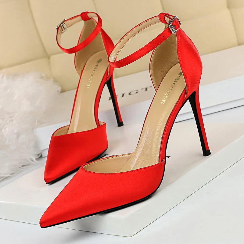 BIGTREE Shoes Satin With Shallow Pointed Women Pumps Buckle High Heels Female Shoes Stiletto Heels Sandals Sexy Party Shoes