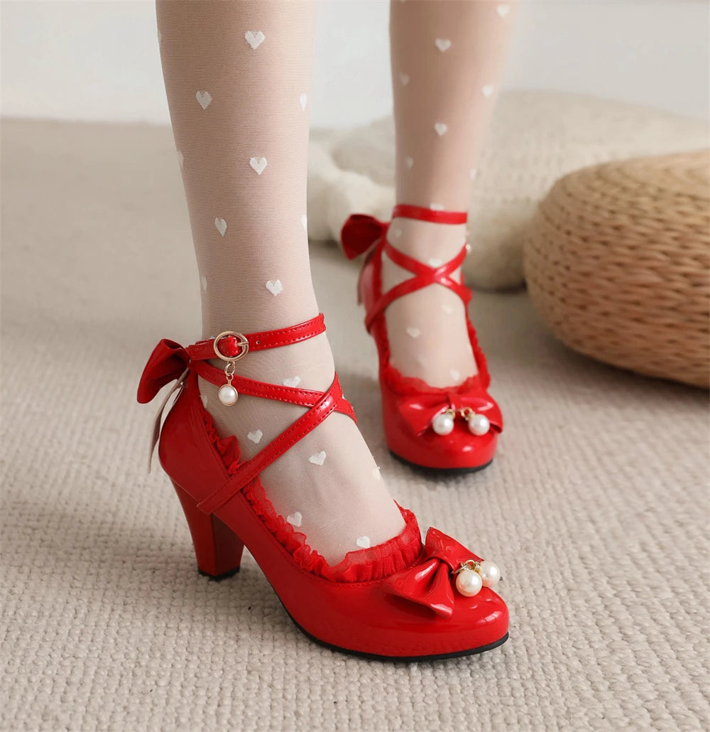 Spring Women High Heels Cross Strap Mary Jane Pumps Party Wedding Cosplay White Red Black String Bead Bow Princess Lolita Shoes