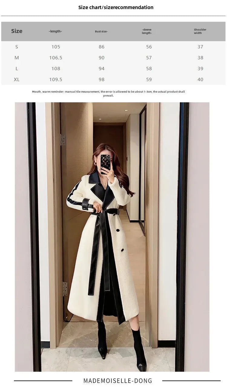 New 2024 Wool Blend Jacket Elegant Color Block Mid Length Plush Coat For Women Stylish Outerwear Warm Comfortable Female Coat