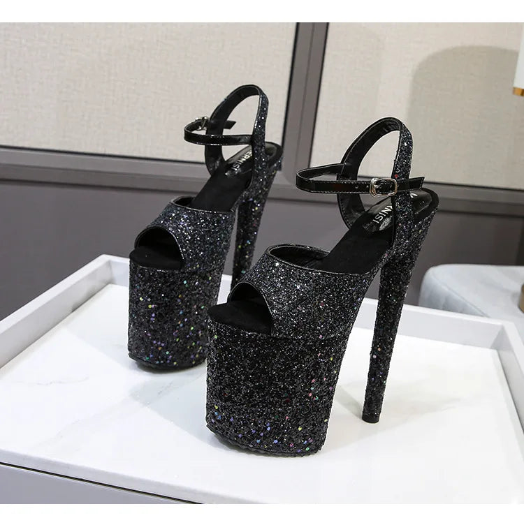 women's sandals summer Party Peep Toe Platform Buckle Strap Sequined Cloth 20CM Thin high heels Bling Pumps Women Shoes black