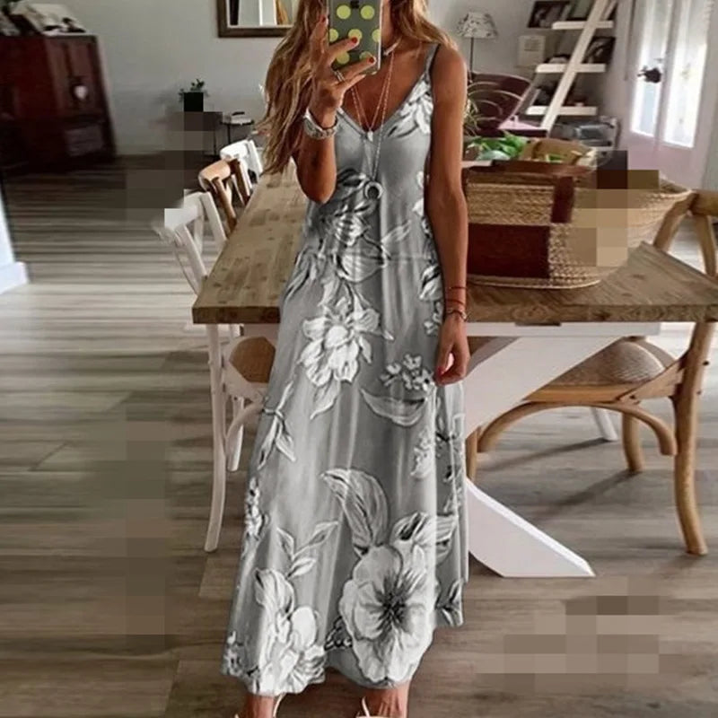 Plus Size 2023 Spring Summer Dress Purple Floral Print V-Neck Long Dresses Casual Bohemian Sleeveless Women Beach Party Dress