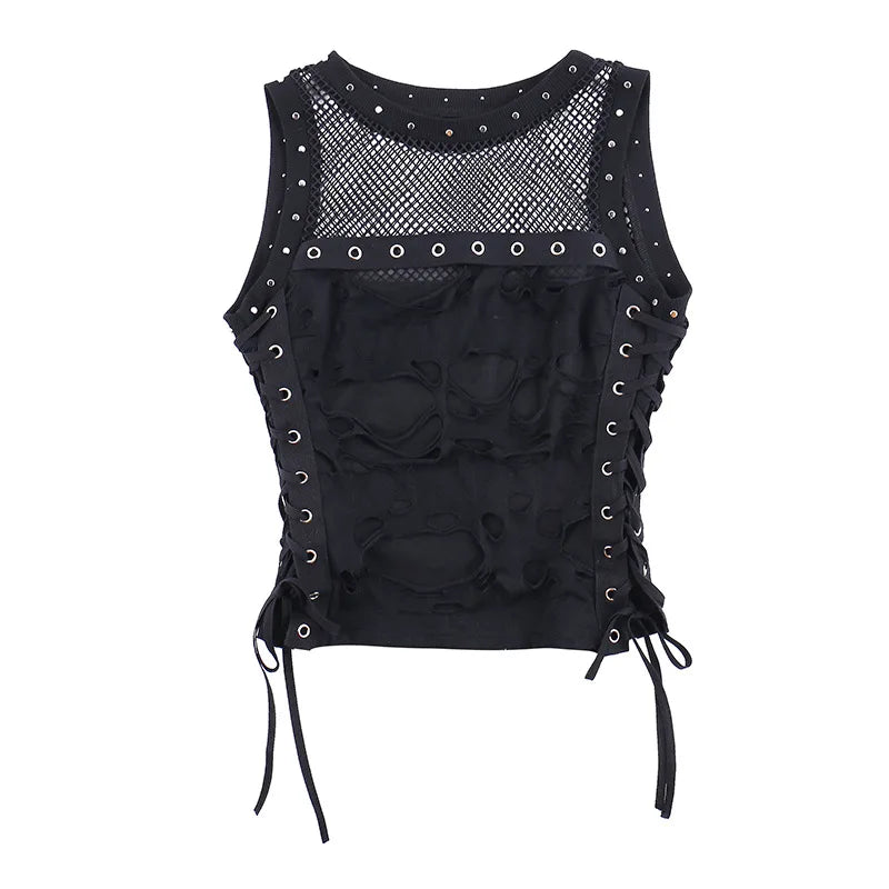 Gothic Crop Tops Punk Tanks Trendy Camisole T-Shirt Women Sexy Fishnet Backless Steampunk Vest Clubwear for Rave Party