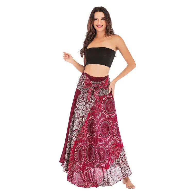 Boho Floral Maxi Skirt – Ethnic Style Elastic Waist Long Skirt for Women