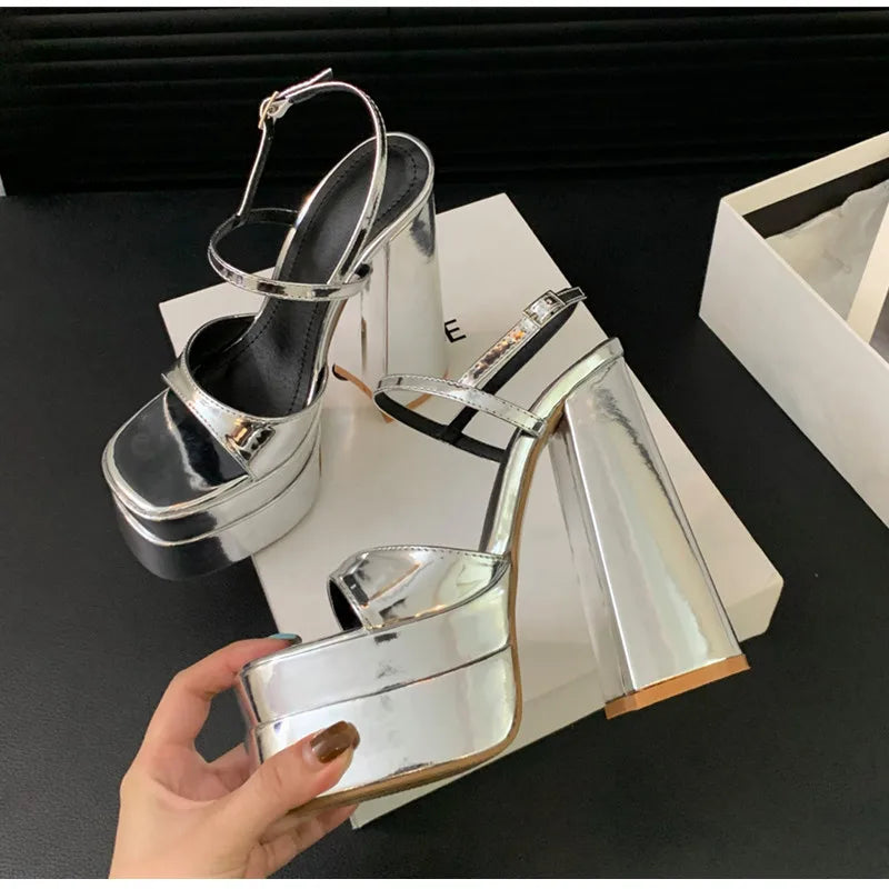 14cm Ultra High heels Double Platform Wedges Women Sandals Fashion Patent leather Thick Heeled Gladiator Sandals Summer Shoes