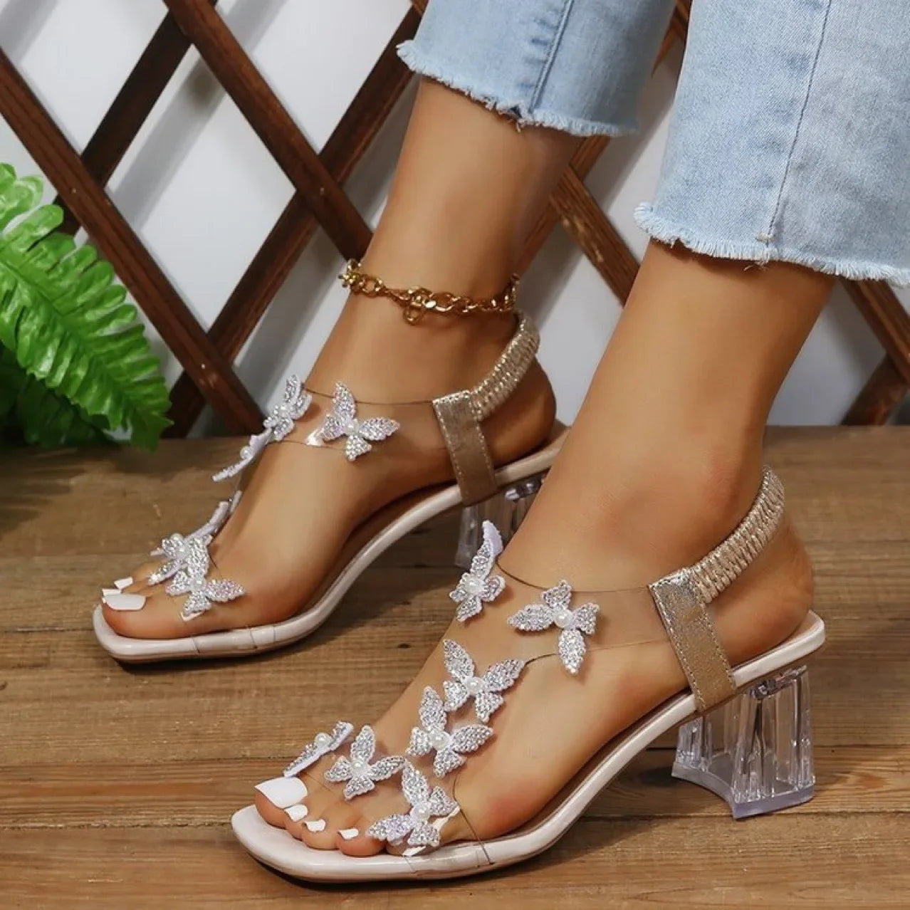 New Thick Heel Sandals for Women Large Size Casual Sandals Rhinestone High Heels Women's Shoes Metal Butterfly Party Wedding