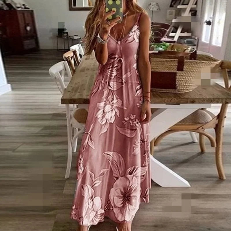 Plus Size 2023 Spring Summer Dress Purple Floral Print V-Neck Long Dresses Casual Bohemian Sleeveless Women Beach Party Dress