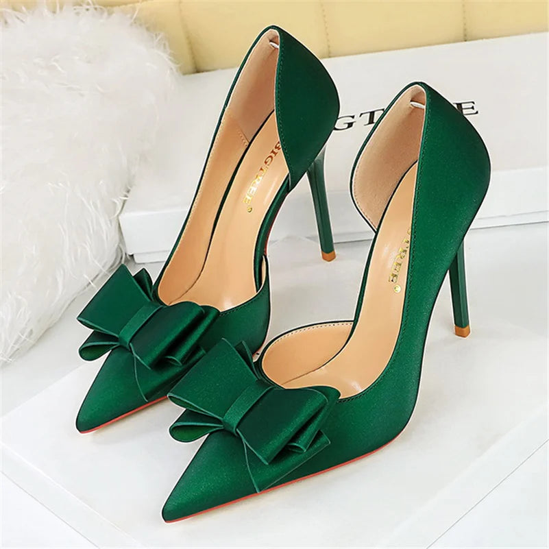 Women 10.5cm High Heels Silk Butterfly Knot Purple Green Pumps Lady Wedding Bridal Escarpin Blue Peach Evening Party Sweet Shoes