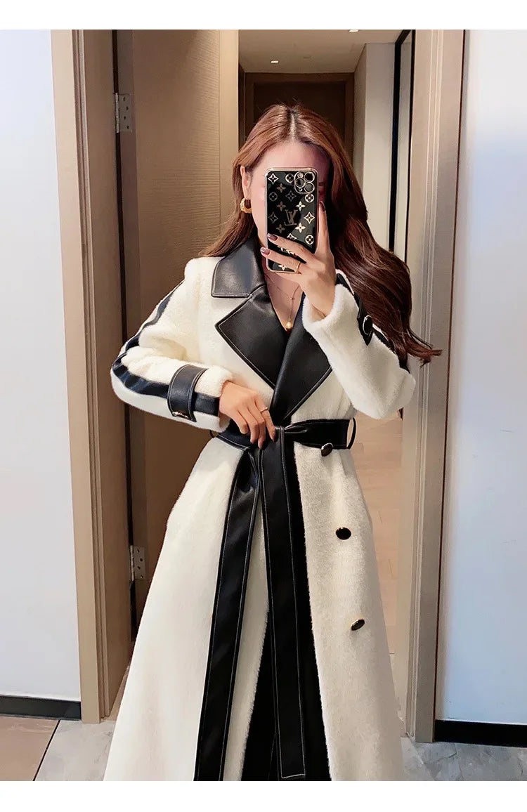 New 2024 Wool Blend Jacket Elegant Color Block Mid Length Plush Coat For Women Stylish Outerwear Warm Comfortable Female Coat