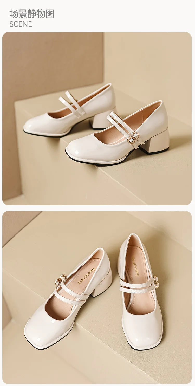 2023 spring women's shoes ladies high heels Casual Mary Janes white square toe design career and commuting Korean style 41-43