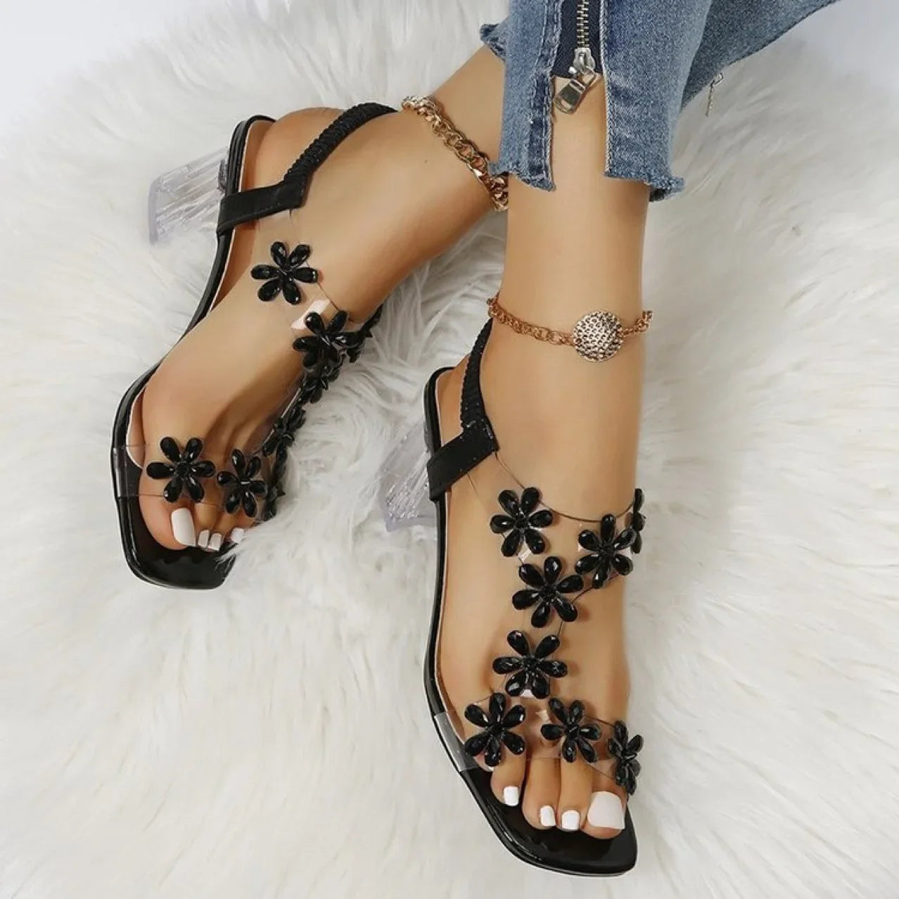 New Thick Heel Sandals for Women Large Size Casual Sandals Rhinestone High Heels Women's Shoes Metal Butterfly Party Wedding