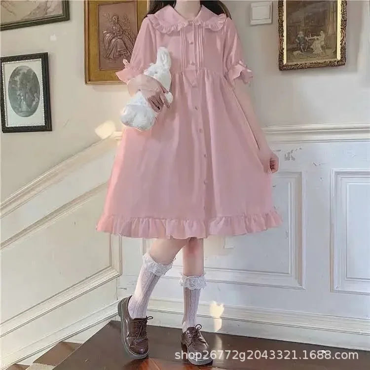 Japanese Lolita White Dress Women Summer Puff Sleeve Ruffles Dress Preppy Style Kawaii Sweet Fairy Peter Pan Collar Midi Dresses