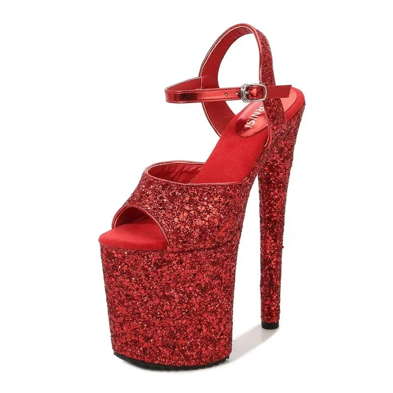 women's sandals summer Party Peep Toe Platform Buckle Strap Sequined Cloth 20CM Thin high heels Bling Pumps Women Shoes black