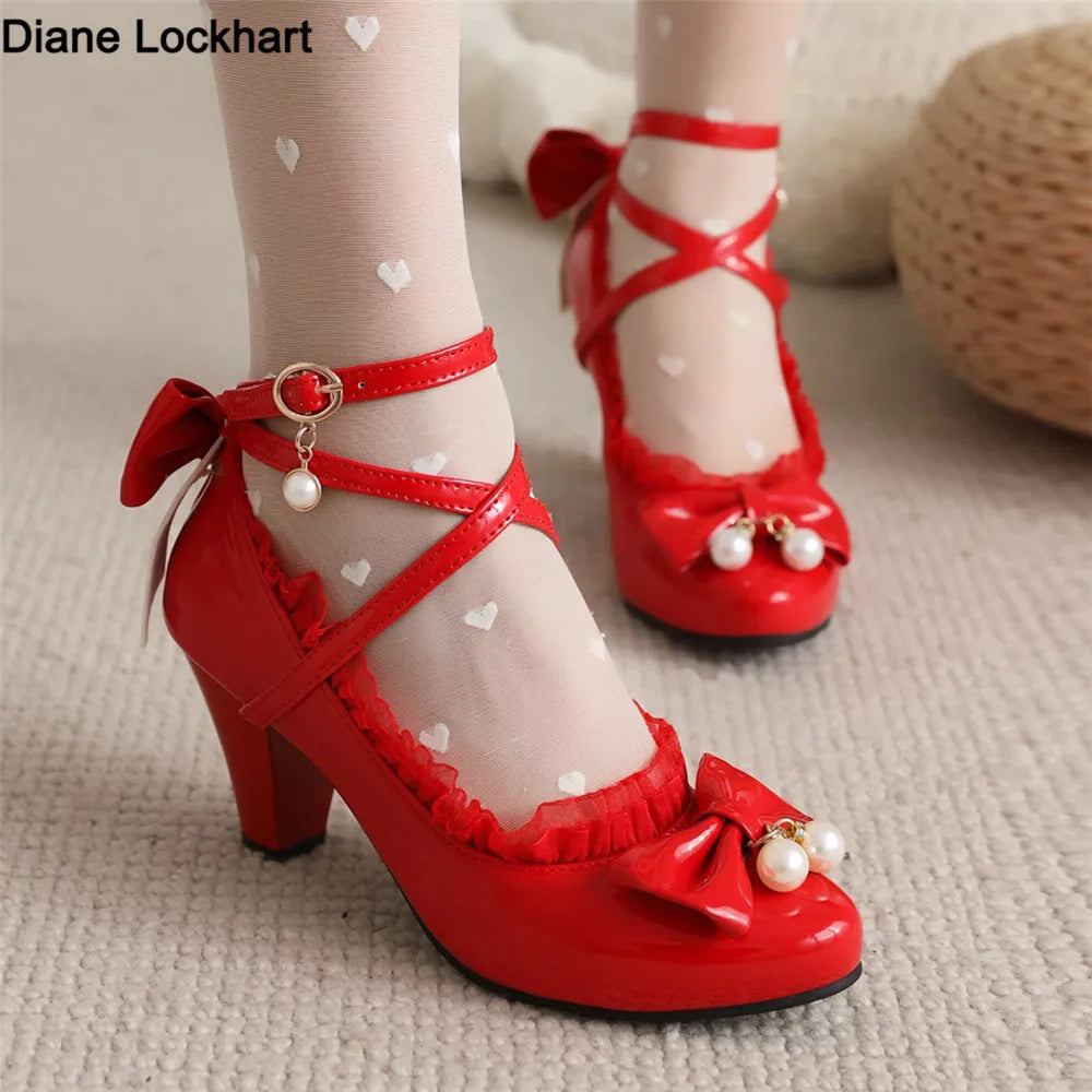 Spring Women High Heels Cross Strap Mary Jane Pumps Party Wedding Cosplay White Red Black String Bead Bow Princess Lolita Shoes