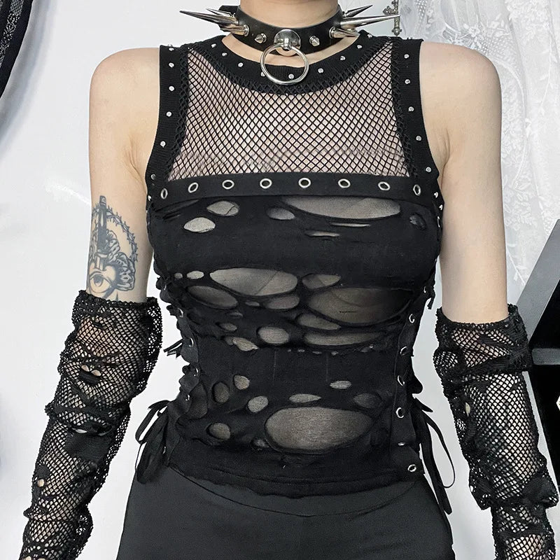 Gothic Crop Tops Punk Tanks Trendy Camisole T-Shirt Women Sexy Fishnet Backless Steampunk Vest Clubwear for Rave Party