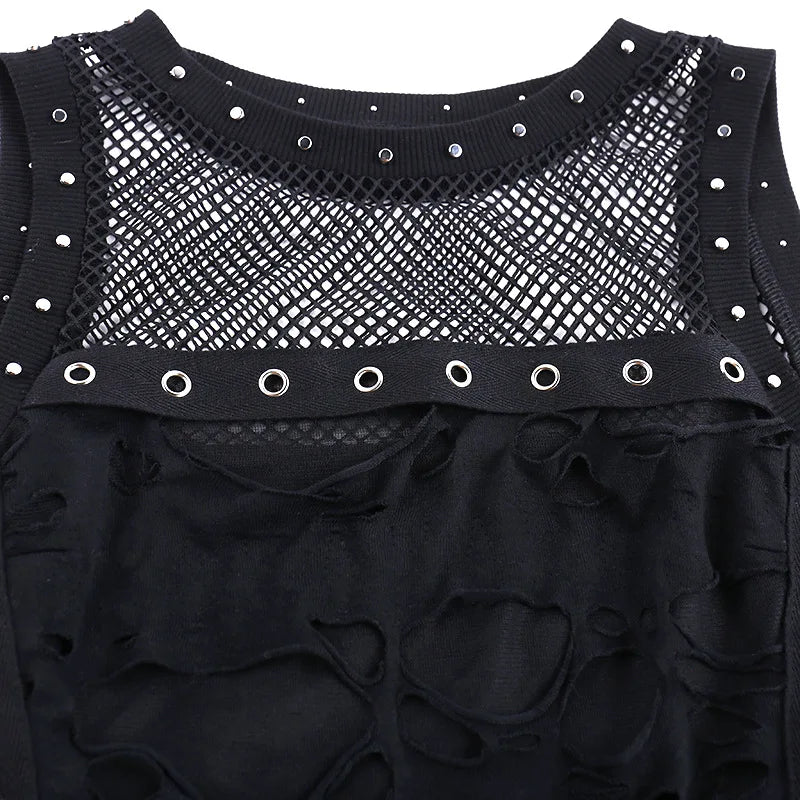 Gothic Crop Tops Punk Tanks Trendy Camisole T-Shirt Women Sexy Fishnet Backless Steampunk Vest Clubwear for Rave Party