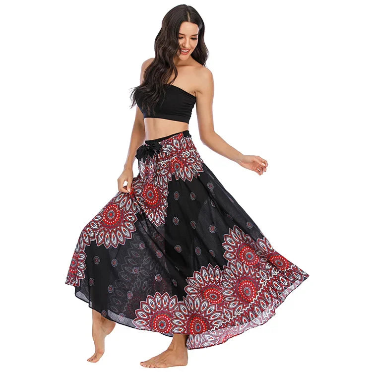 Boho Floral Maxi Skirt – Ethnic Style Elastic Waist Long Skirt for Women