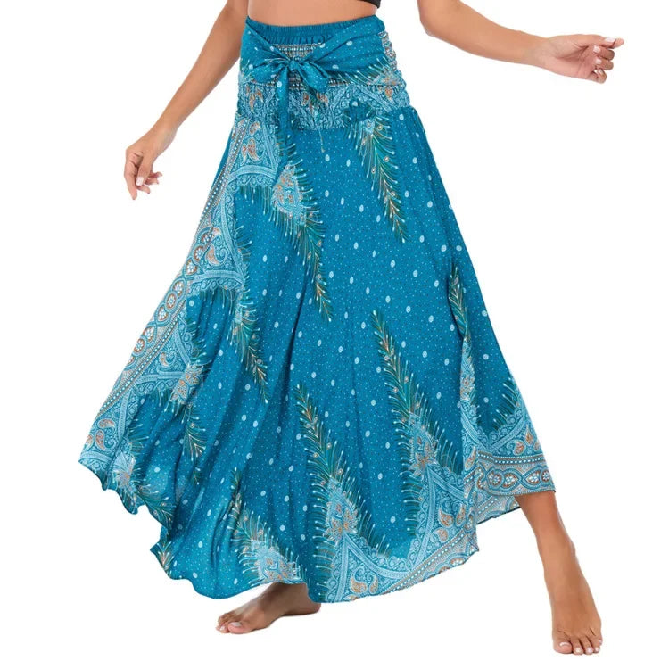 Boho Floral Maxi Skirt – Ethnic Style Elastic Waist Long Skirt for Women