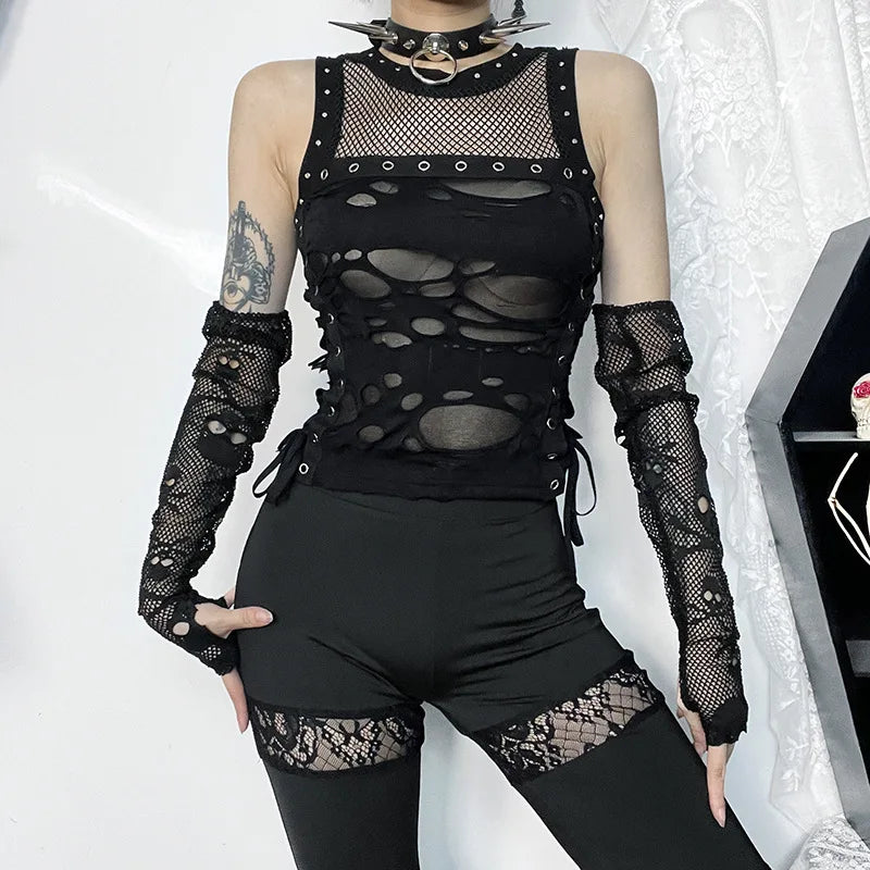 Gothic Crop Tops Punk Tanks Trendy Camisole T-Shirt Women Sexy Fishnet Backless Steampunk Vest Clubwear for Rave Party