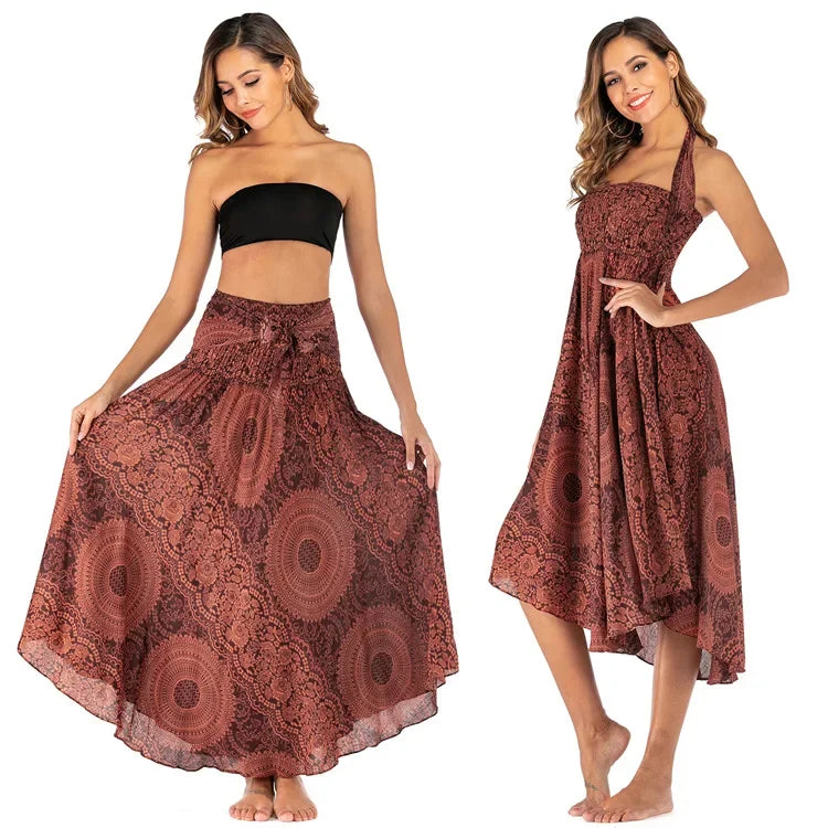 Boho Floral Maxi Skirt – Ethnic Style Elastic Waist Long Skirt for Women