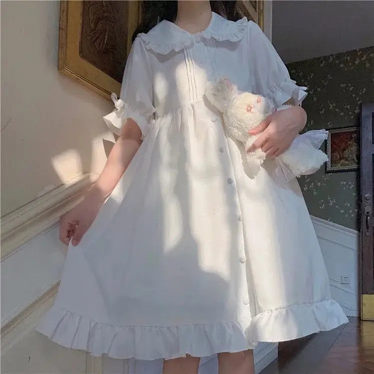 Japanese Lolita White Dress Women Summer Puff Sleeve Ruffles Dress Preppy Style Kawaii Sweet Fairy Peter Pan Collar Midi Dresses