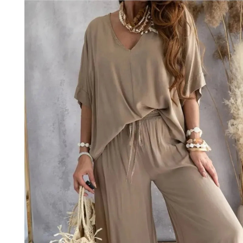 Women's Casual V-Neck Short Sleeve Top & Wide-Leg Pants Set – Chic Summer 2-Piece Outfit