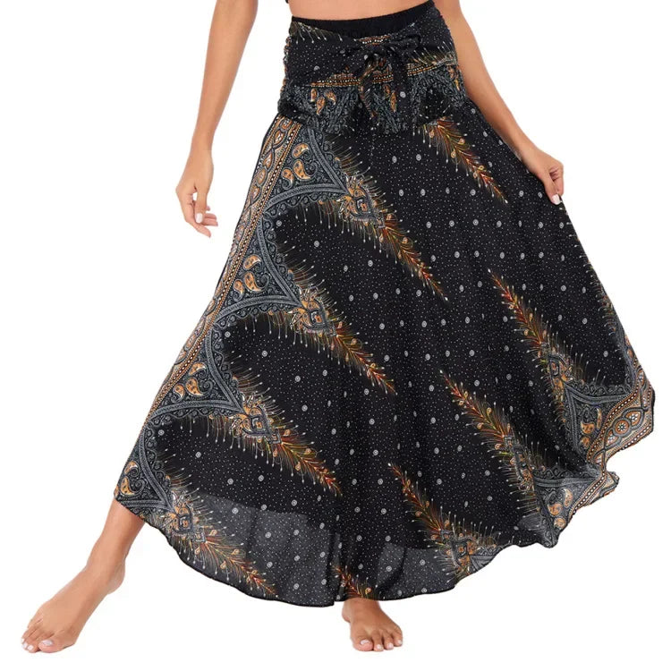 Boho Floral Maxi Skirt – Ethnic Style Elastic Waist Long Skirt for Women