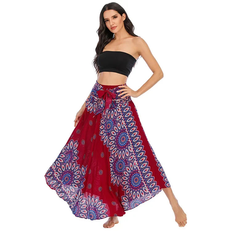 Boho Floral Maxi Skirt – Ethnic Style Elastic Waist Long Skirt for Women