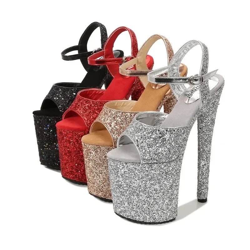 women's sandals summer Party Peep Toe Platform Buckle Strap Sequined Cloth 20CM Thin high heels Bling Pumps Women Shoes black