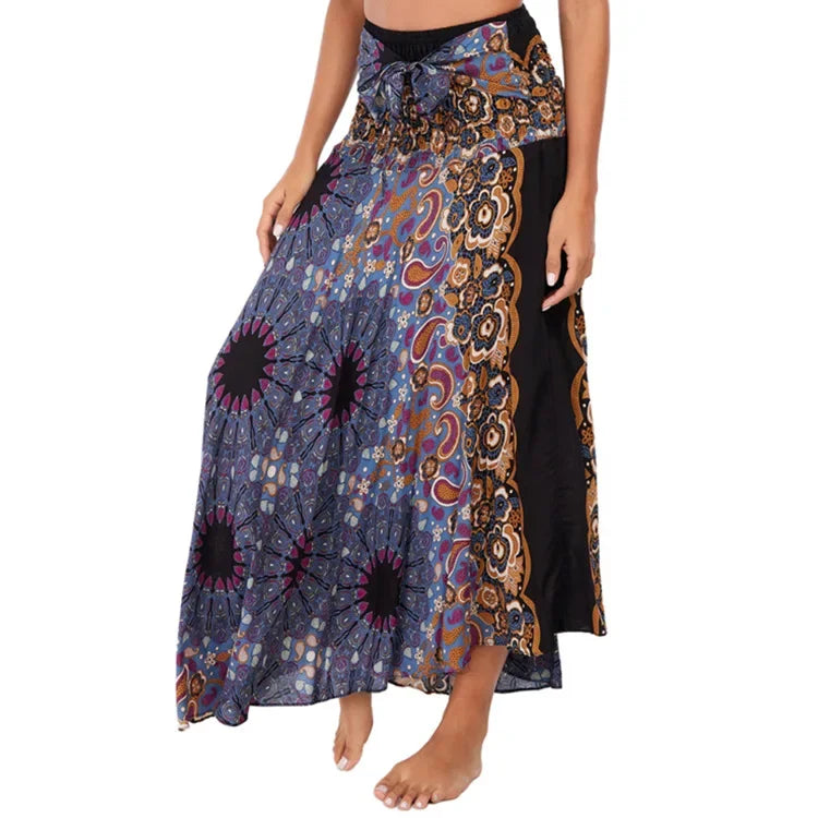 Boho Floral Maxi Skirt – Ethnic Style Elastic Waist Long Skirt for Women