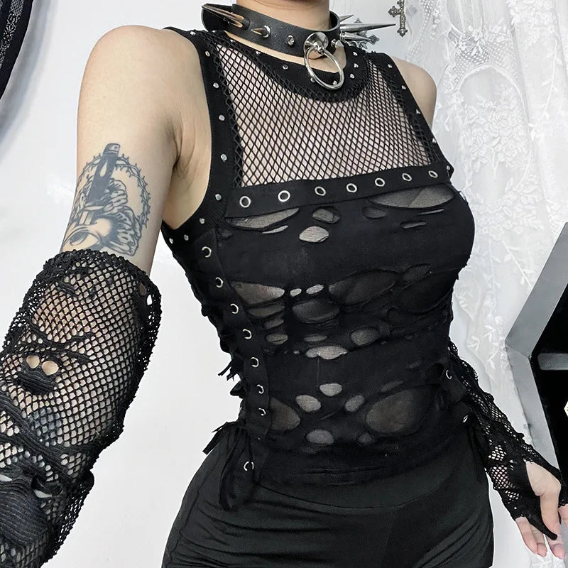 Gothic Crop Tops Punk Tanks Trendy Camisole T-Shirt Women Sexy Fishnet Backless Steampunk Vest Clubwear for Rave Party