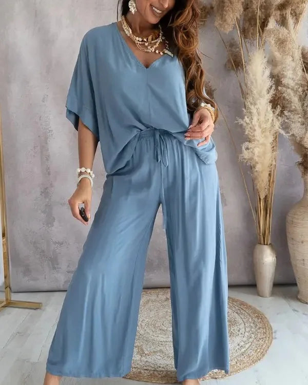 Women's Casual V-Neck Short Sleeve Top & Wide-Leg Pants Set – Chic Summer 2-Piece Outfit