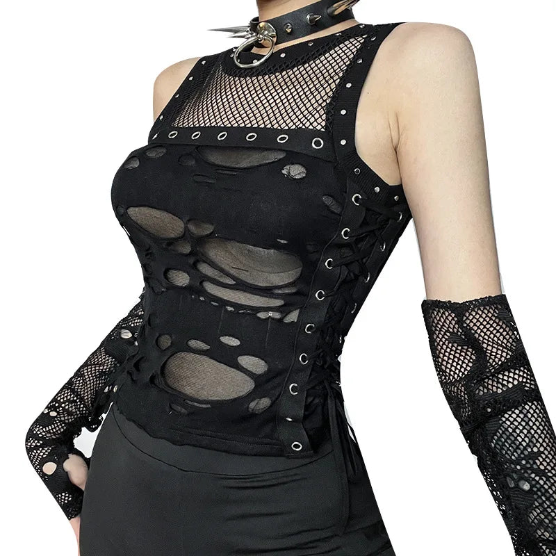 Gothic Crop Tops Punk Tanks Trendy Camisole T-Shirt Women Sexy Fishnet Backless Steampunk Vest Clubwear for Rave Party