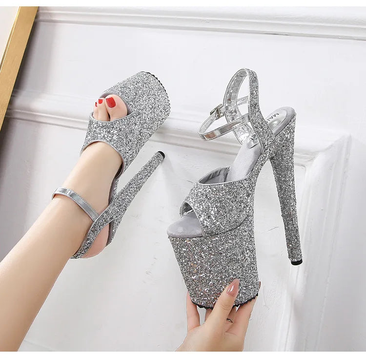 women's sandals summer Party Peep Toe Platform Buckle Strap Sequined Cloth 20CM Thin high heels Bling Pumps Women Shoes black