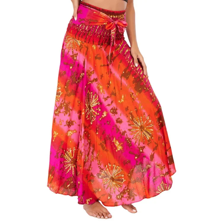 Boho Floral Maxi Skirt – Ethnic Style Elastic Waist Long Skirt for Women